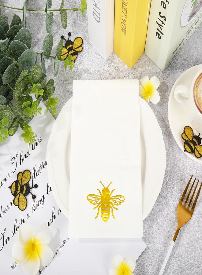 JarThenaAMCS مناديل ضيوف JarThenaAMCS، 50 قطعة، مزينة بنقوش النحل، مطلية برقائق ذهبية، للاستخدام مرة واحدة، ورقية، مثالية لحفلات الربيع والصيف. - Image 3